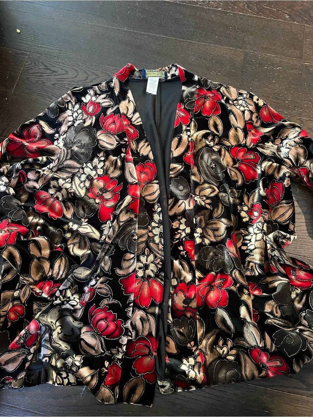 Willow Ridge Black Floral Velvet Open-Front Jacket with Red Accents
